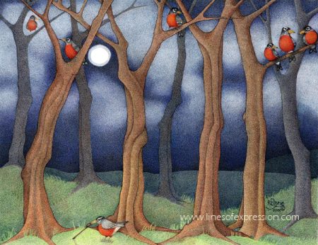 Colored pencil secret revealed in this post; vintage colored pencil painting of a round of robins in moonlight by Rebecca Payne.
